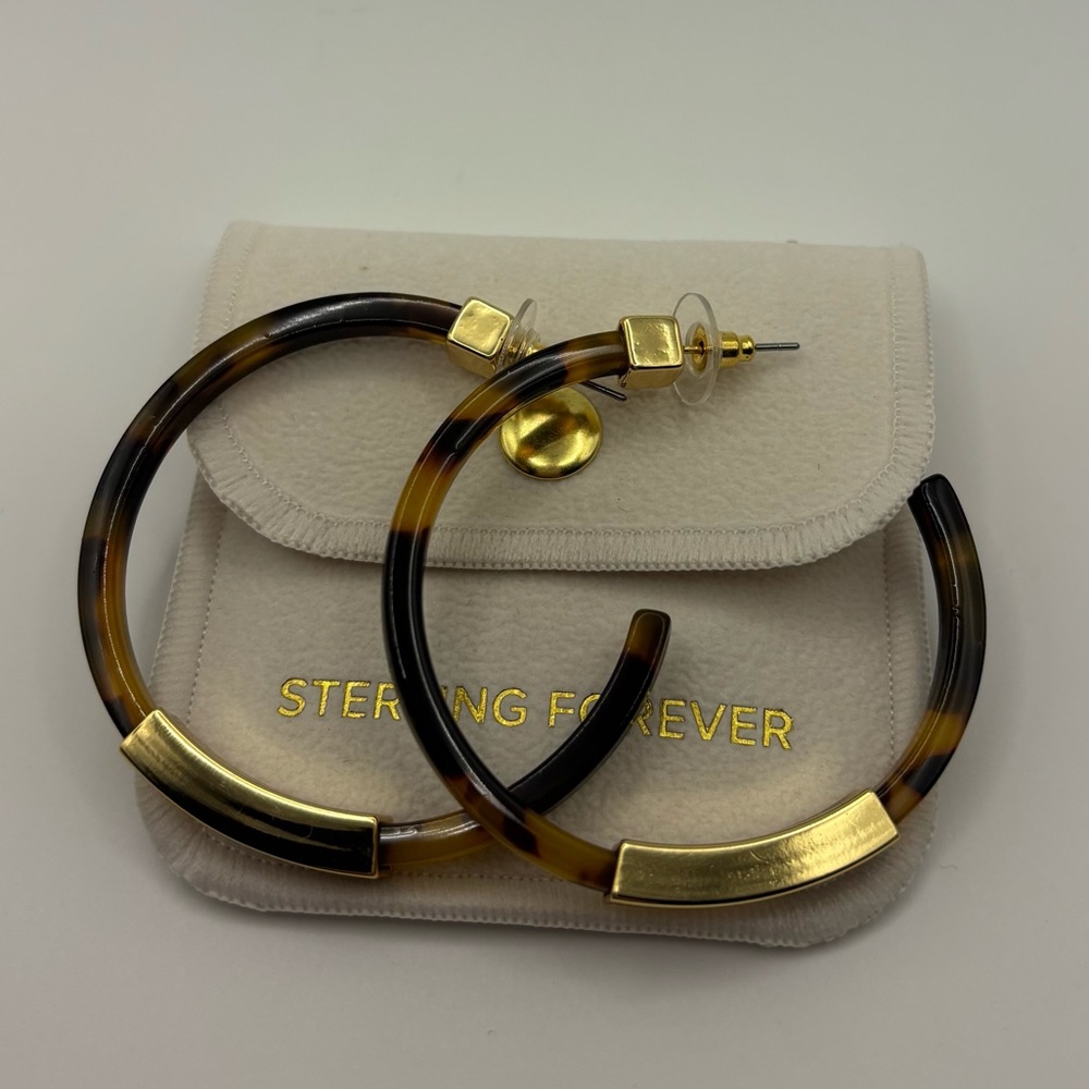 Sterling Forever Tortoise Shell Resin 14k gold plated Hoop Earrings